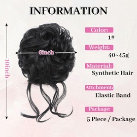 Fulang Hair Pack of 5 Hairpieces with Elastic Band, Large Bun Hairpiece, Wavy Natural Synthetic Hair Scrunchie, Women with Hair Updo Hair Extensions, Messy Bun Hairpieces (5 Pieces/Pack) (1B)