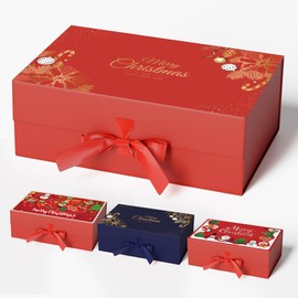 GIFTHOPE Christmas Magnetic Gift Boxes with Golden Pattern，32.2 X20.3 X11.4 CM Red Unique Design Christmas Boxes with Lids for Gifts，large Paper Gift Box for Christmas Wrapping Gifts（1PC-Thicken）