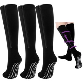 Shyyween 3 Pairs Non Slip Zipper Compression Socks 15-20mmhg Anti Skid Compression Socks Hospital Non Slip Knee High Support Stockings with Zipper for Men Women Nurse Pregnant Swelling Edema
