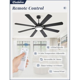 Fanbulous 65 Inch Ceiling Fans with Lights and Remote, Black Ceiling Fan with 8 Dual-Color Blades, Indoor/Outdoor Large Ceiling Fans, Reversible DC Motor, 6-Speed, 3CCT for Living Room Kitchen Patio