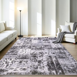 8x10 Area Rug, Black and White Rugs for Living Room, Washable Abstract Carpet for Bedroom, Foldable, Stain Resistant, Non Slip, Low Pile Soft Indoor Carpet for Nursery, Dorm, Dining Room