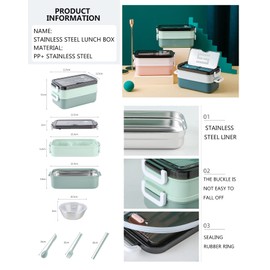 Vikuces Bento Box and Lunch Bag Kit for Kids, Adult Reusable Insulated Lunch Boxs Thermal Tote Bag, 2 Layer 1200ml Large Capacity Stainless Lunch Boxes for Work, School, Travel(Green)