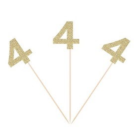 Gold Glitter Fourth Birthday Centerpiece Sticks Number 4 Table Toppers for Kids Birthday 4th Anniversary Flower Picks - Pack of 10
