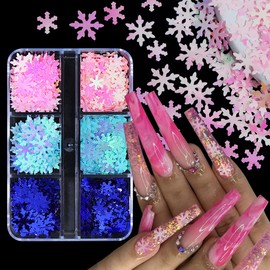 Snowflake Nail Glitters - 3D Snowflakes Nail Sequins - Snow Flakes Nail Stickers Winter Xmas Nail Art Supplies Blue Snowflakes Glitter Flakes Decals for Christmas Party Manicure Art Decoration 6 Grids