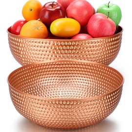 Pickmesh 2 Pcs Rose Gold Hammered Bowls Large Decorative Bowl Metal Fruit Decorative Bowls for Serving Food Kitchen Counter Table (14 Inches)