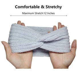 2 Packs Winter Headbands for Women,KQueenest Light Grey Elastic Crochet Fleece Hair Band Soft,Knit Headwarp Stretchy Turban Ear Warmer for Cold Weather Cap