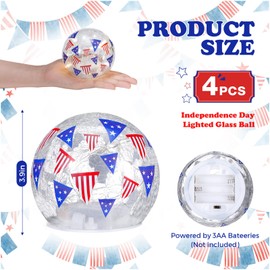 Rossesay 4 Pcs 3.9 inch Independence Day Balls Memorial Crackle Glass Night Light Waterproof Battery Operated Glass Globe Ball Lamp for July 4th Table Decor Birthday Gift Decorative (Flag)