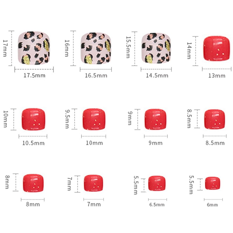 Red Press On Coffin Toenails With Leopard Designs, Full Cover