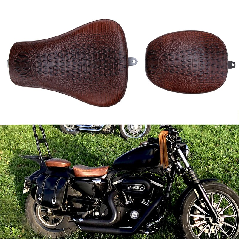 Motorcycle Brown Crocodile Front Driver Solo Seat+Rear Passenger Pillion Pad