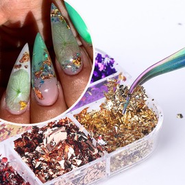 12 Colors Holographic Nail Glitter Gold Foil, Colorful Sparkly Ultra-Thin Aluminum Foil Flakes Design, Laser Nail Sequins Powder Nail Glitters Irregular Foils Nail Tip Manicure Charms Decor for Women