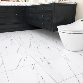 Wallercity Bathroom Marble White Peel and Stick Floor Tile Vinyl Flooring Tile for Kitchen 12''x12'' Non-Slip Shower Sheets Stick on Floor Tiles 5PCS Thick Waterproof Marble Tiles for Bedroom Corridor
