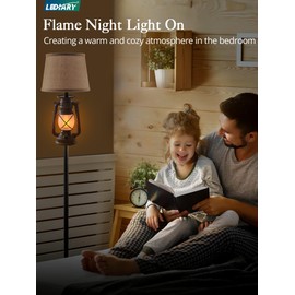 LEDIARY LED Flashing Flame Night Lantern Farmhouse Floor Lamp for Living Room, Rustic Standing Lamp with Beige Linen Drum Lampshade, Lantern Floor Lamps for Bedroom Home Decor