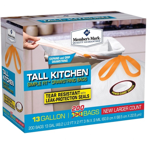 Member's Mark Tall Kitchen Simple Fit Drawstring Bags, 13 Gallon, 200 Count