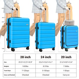 KEYTANG SmileLine 3-Piece Luggage Set Lightweight Hardside Suitcase TSA Lock Spinner Wheels, 20" Expandable Carry-On Luggage with Quick Access Front Open Pocket, Bonus Makeup Bag, 20/24/28 inch, Blue
