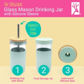Elk and Friends 24oz Glass Mason Jar – Pack of 4 | Bamboo Straw Lids + Stainless Steel Straws | Smoothie + Iced Coffee + Bubble Tea Cups | Glass Cups with Lids and Straws | Dishwasher Safe