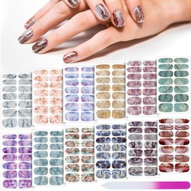 168 Pieces 12 Sheets Full Wrap Nail Polish Stickers Self Adhesive Glitter Gradient Marble Color Street Nail Decal Strips with Glass Nail File for Women Girls DIY Nail Craft (Classic Style)