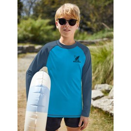 BesserBay Child Boys Sun Protection Rash Vest Summer Long Sleeve Color Block Blue Navy Swim Top 9-10 Years