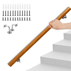 EUSAMFC Wooden Stair Handrail,4FT Round Safety Non-Slip Stair Railing, Wall Mount Handrail Pine Handrails Support Rod Complete Kit, for Bars Lofts Kindergarten Guardrail Corridor