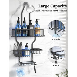 YASONIC Shower Caddy Over Shower Head Never Rust Aluminum Large Hanging Shower Caddy with 10 Hooks for Razor/Sponge - Over The Shower Head Caddy with Soap Basket - Hanging Shower Organizer Black