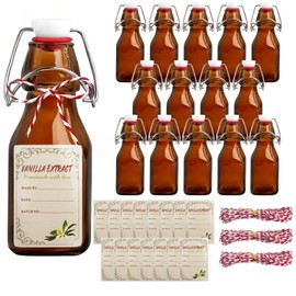 CONEHOY 14 Pcs 4 oz Amber Swing Top Brown Square Glass Bottles with Caps Sticker and Cotton Twines Flip Top Glass Bottle for Home Tea Vanilla Extract Beer Brew Oil Supply