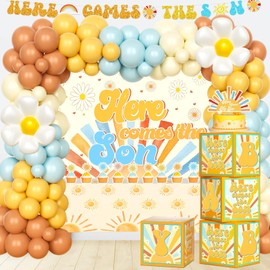 Party Inspo Here Comes the Son Baby Shower Decor, Sunshine Baby Shower Decorations Boy, Boho Sun Themed Party Supplies Backdrop Balloon Banner Tablecloth Cake Cupcake Topper Box Cutouts Daisy