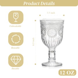 12 Oz Vintage Wine Glasses Goblets Drinking Glasses Sunflower Embossed Glassware Plastic Champagne Flutes Unbreakable Wedding Toasting Glasses Party Wine Cups for Bridal Shower Party (12, Clear)