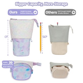 BrainyBees Standing Pencil Case Girls - Telescopic Pouch for Kids, Cute Kawaii Pencil Case for Girls, Big Capacity Stand Up Pencil Pouch for Kids, Tie-dye Purple