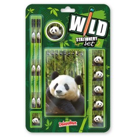 Deluxebase Wild Stationery Set - Panda. These fun school supplies sets include 2 pencils, an eraser, a pencil sharpener, a ruler and a notebook, stationery set