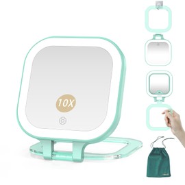 Mocado Compact Travel Makeup Mirror, 1X/10X Magnifying Mirror with Light, Double Sides Compact Mirror with 3 Color Light, Dimmable Handheld Mirror, Rechargeable Travel Mirror for Purse,Pocket(Green)