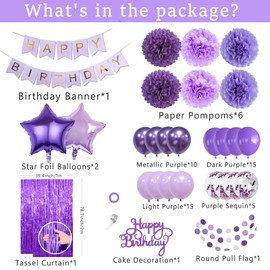 Purple Birthday Decorations for Women - Purple Party Decor Balloons with Happy Birthday Banner Purple Fringe Curtain Backdrop Paper Pompoms, Happy Birthday Party Decorations for Girls Boy