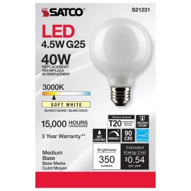 SATCO S21231- 4.5 Watt G25 LED Candelabra Bulb - 3000K - 120 Volts (6 Pack)