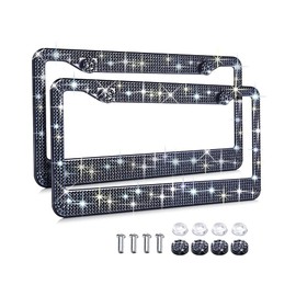 Riloer 2 Pcs Handcrafted Rhinestone Stainless Steel Bling License Plate Frame, with 4pcs Crystal Screw Caps & 4pcs Screws, Black