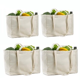 TwesyKola 4 Pack Reusable Grocery Bags Canvas Tote Bag with Long Shoulder Strap and Short Handle Foldable Heavy Duty Washable Shopping Bags for Groceries