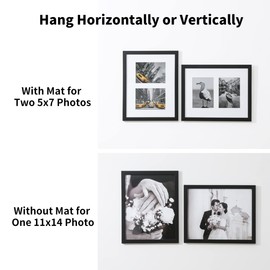 UMICAL Picture Frame Photo Collage Frame Black Wooden Wall Frame (11x14 with Two 5x7 Openings)