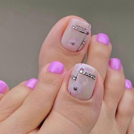 FIEONCIY Press on Toenails with Designs Acrylic Fake Nails for Toe Artificial False Nails with Charms Glue on Toe Nails for Spring Summer Stick on Toenails for Women Girls(ST1657)