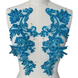 Handmade Beaded Rhinestone Appliques Sew on Crystal Lace Patch, 1 Pair for DIY Clothing, Wedding Dress,Multi-Color Costume Decoration (Light Blue)