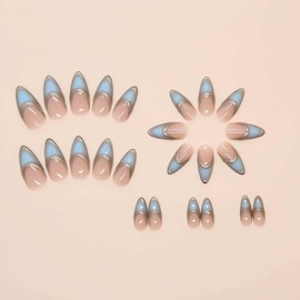 French Tip Press on Nails Almond Medium Fake Nails with Blue French Design Glossy Gel Nail False Nails Reusable Stick on Nails Acrylic Nail Kit Full Cover Nail Tips for Coquette Women 24Pcs