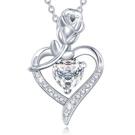 FANCIME 925 Sterling Silver April Birthstone Necklace Rose Heart Pendant Cubic Zirconia Necklace with Fine Jewellery Box Christmas Birthday Valentine's Day Mother's Day Present for Women Mother
