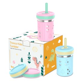 Tronco Stainless Steel Sippy Toddler Cups, 10 oz Mason Jar Kids Smoothie Cups with Silicone Sleeves & Spill Resistant Flexible Straw, BPA-Free, Dishwasher Safe, Snack Cup for Toddlers