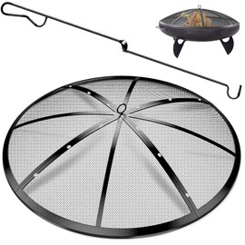 Fire Pit Spark Screen, 40Inch Fire Pit Lid Outdoor with Handle & Poker, Heavy-Duty Mesh Firepit Cove with 12 Reinforced Bars for Backyard/Beach/RV Camping