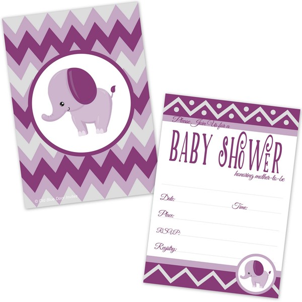 Elephant Baby Shower Invitations for Girl - Purple Lavender and Gray Chevron Invites - (20 Count with Envelopes)