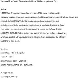 Artudatech Traditional Brain Teaser Classical Metal Chinese 9 Linked Rings Puzzle Toys