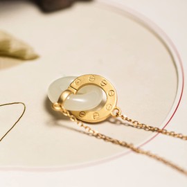 Ezindraw Natural Jade Donut Pendant Necklace for Women Grils, White Gemstone Gold Plated Pendant with Good Fortune, Length Adjustable, 18''