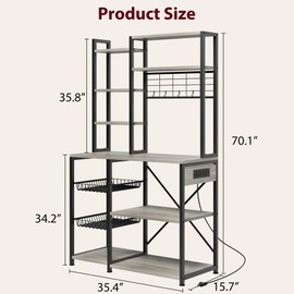 GarveeHome Bakers Rack with Power Outlets, 7-Tier Microwave Stand with 2 Wire Basket, 35.4 Inch Industrial Coffee Bar Station, Kitchen Large Bakers Rack with Storage for Pots, Dishes, Retro Gray