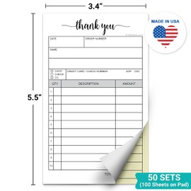 321Done Thank You Receipt Book, 3.4x5.5 Handheld 2-Part Carbonless, Made in USA, Carbon Duplicate Copy Sales Order Form, Invoice Pad, Cute Convenient for Small Boutique Business (50 Sets) White/Yellow