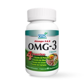 CMD - OMG-3 - Con Aceite de Pescado, Oliva, Linaza y Aceite de Cártamo - Omega 3, 6 y 9 - Suplemento Alimenticio - 1 Frasco de 60 Cápsulas (INDIVIDUAL)