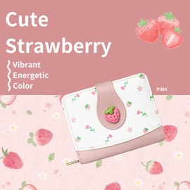 Gleease Cute Wallet Girls Strawberry Print Small Wallets For Women Teen Girl Zipper Coin Pocket Purse (Pink)