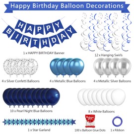 CANREVEL Blue and White Happy Birthday Decorations, Happy Birthday Banner, Metallic Hanging Swirls, Circle Dots Garland, Party Balloons, Blue and White Birthday Party Supplies Decorations for Men Boys
