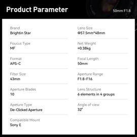 Brightin Star 50mm F1.8 Manual Focus Lens Fit for Sony Black