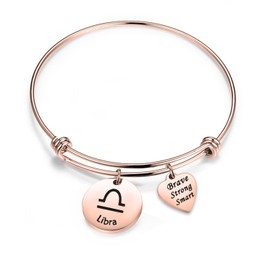 bobauna Rose Gold 12 Zodiac Signs Stainless Steel Expandable Wire Bangle Bracelet Birthday Gift for Her (Libra)